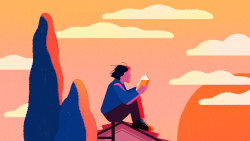 Disegno a colori di donna che legge sulla cima di una montagna